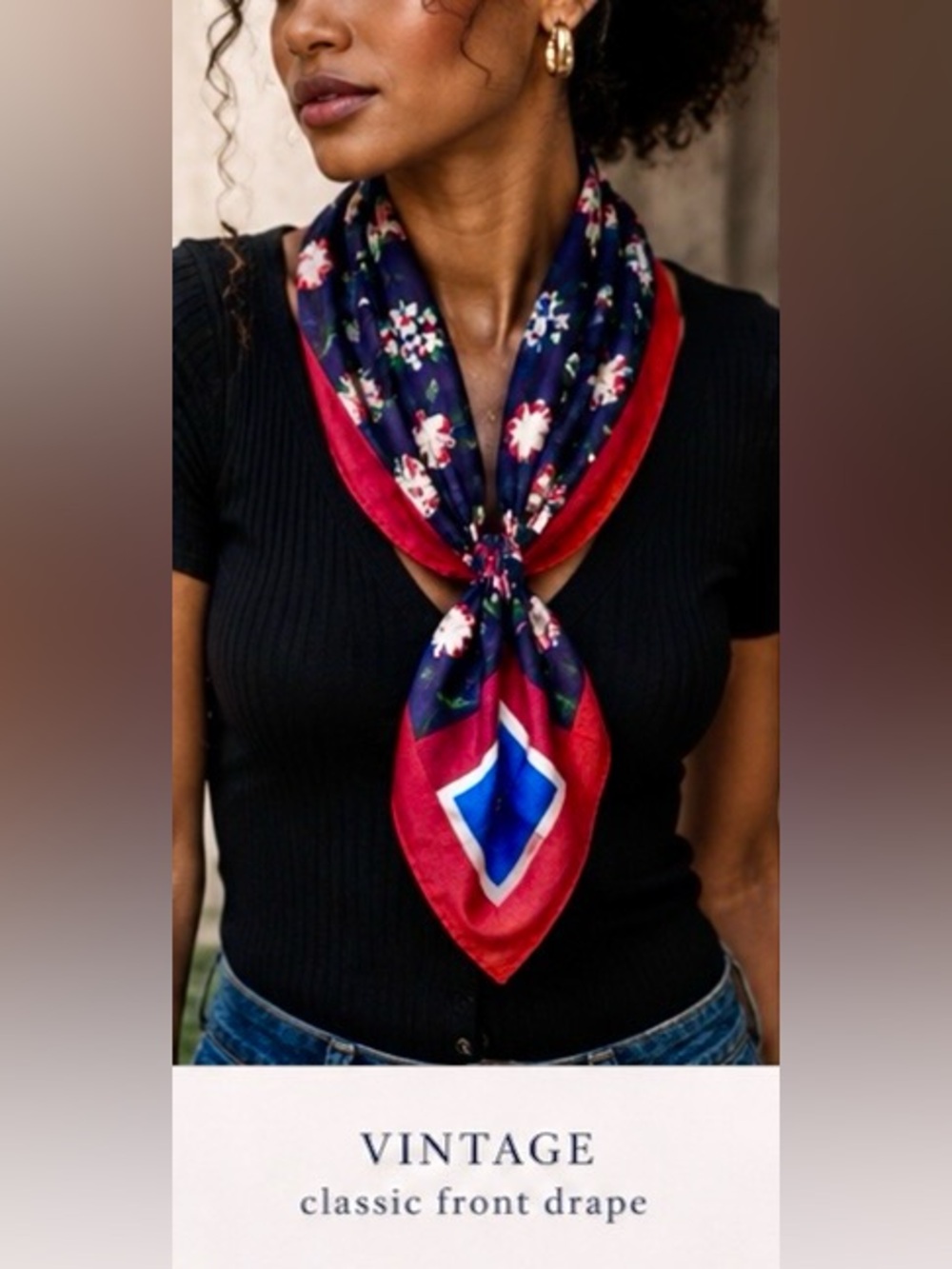 Vintage Floral Navy and Red Silk Scarf